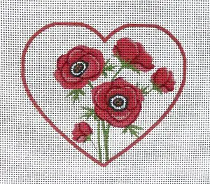 Red Anemone Heart Needlepoint Canvas
