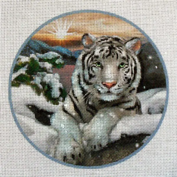 White Tiger Round Needlepoint Canvas
