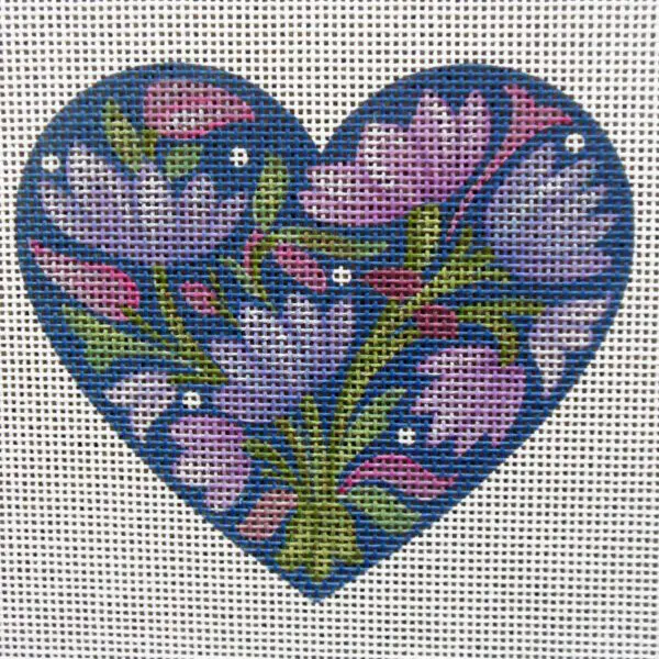 Snowy Crocus Heart Needlepoint Canvas, Blue