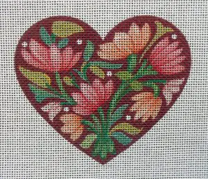 Snowy Crocus Heart Needlepoint Canvas, Red