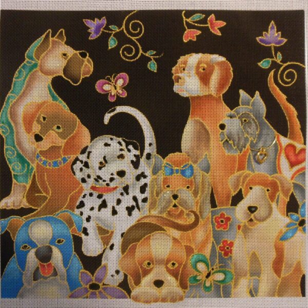 Doggie Crowd Pillow Needlepoint Canvas