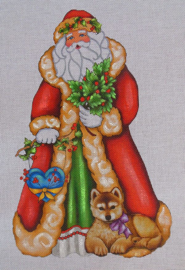 Santa with Wolf Pup Needlepoint Canvas