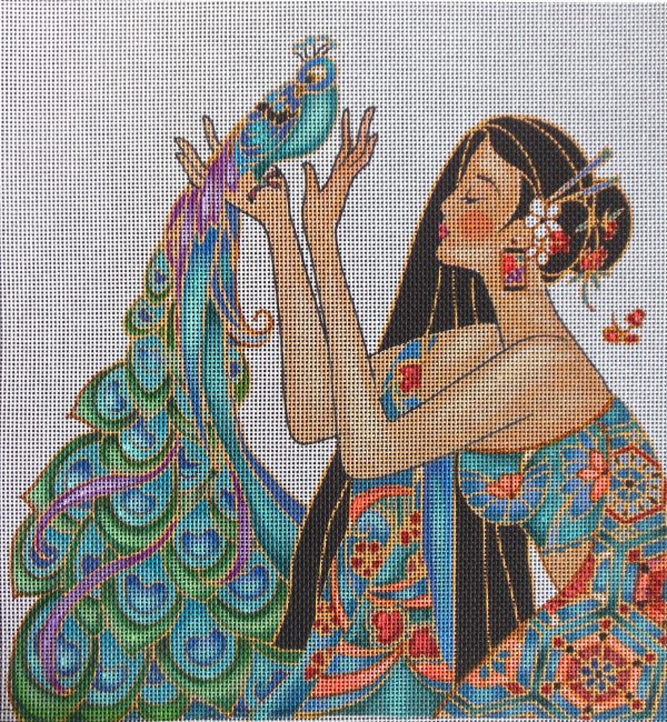 Lady with Peacock Needlepoint Canvas