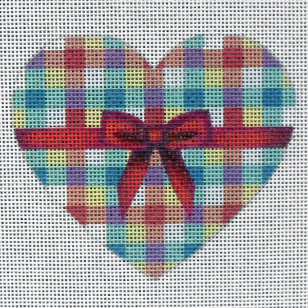 Red Bow Plaid Heart Needlepoint Canvas